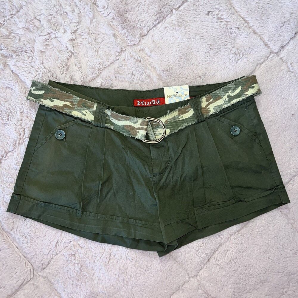 vintage dead stock Mudd olive green cotton shorts camouflage print belt sz 9